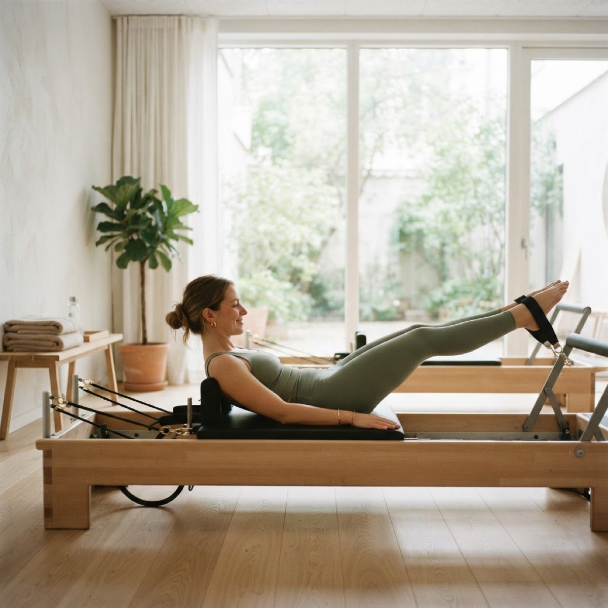 Instrutora acompanhando aluna em aparelho reformer durante aula de pilates